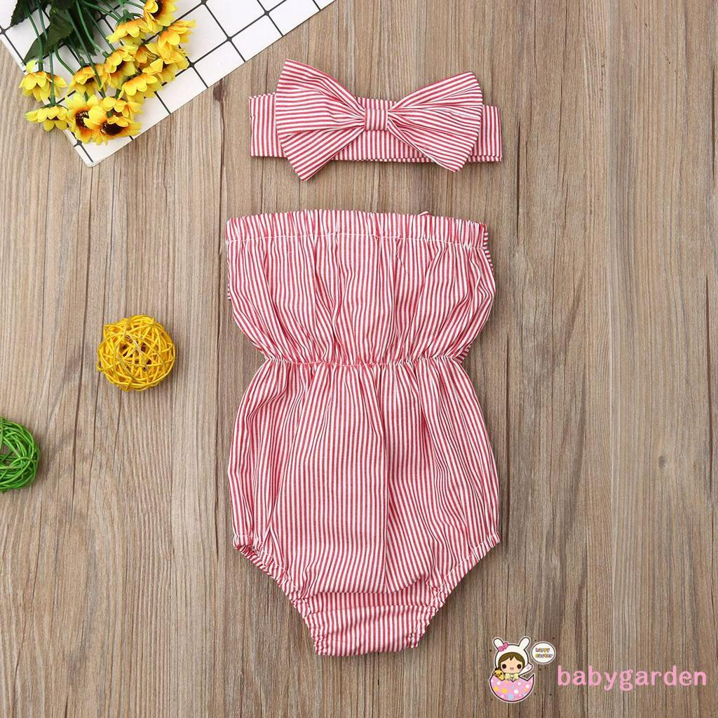 Bé gái lệch vai Áo liền quần không tay sọc nơ lớn + Băng đô
