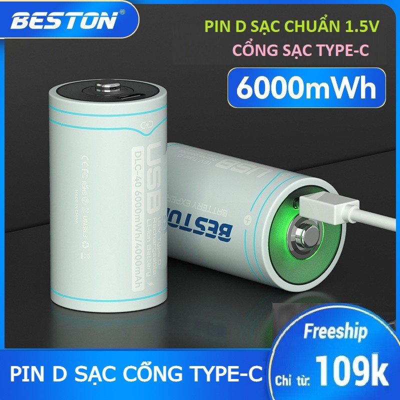 Pin D sạc Beston chuẩn 1.5V 6000mWh - cổng sạc USB Type C - Pin cỡ đại ...