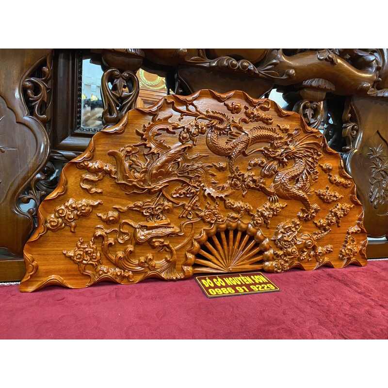 Tranh Quạt tứ linh gỗ hương sơn pu cao cấp kích thước 60*120,dày 4cm