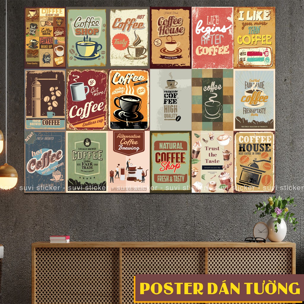Decal Poster dán tường Vintage Coffee trang trí quán cà phê, trà ...