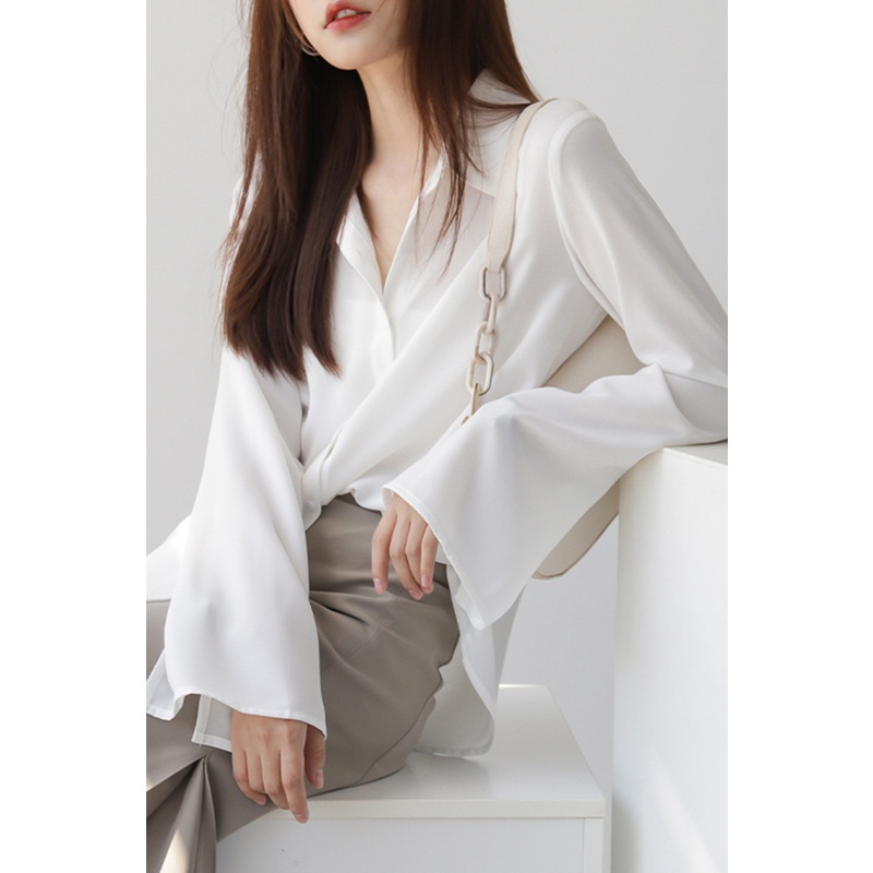 Thời Trang Nữ Áo Voan Chắc Chắn Nữ Dài Tay loe OL Văn Phòng Làm Việc Top Áo Sơ Mi