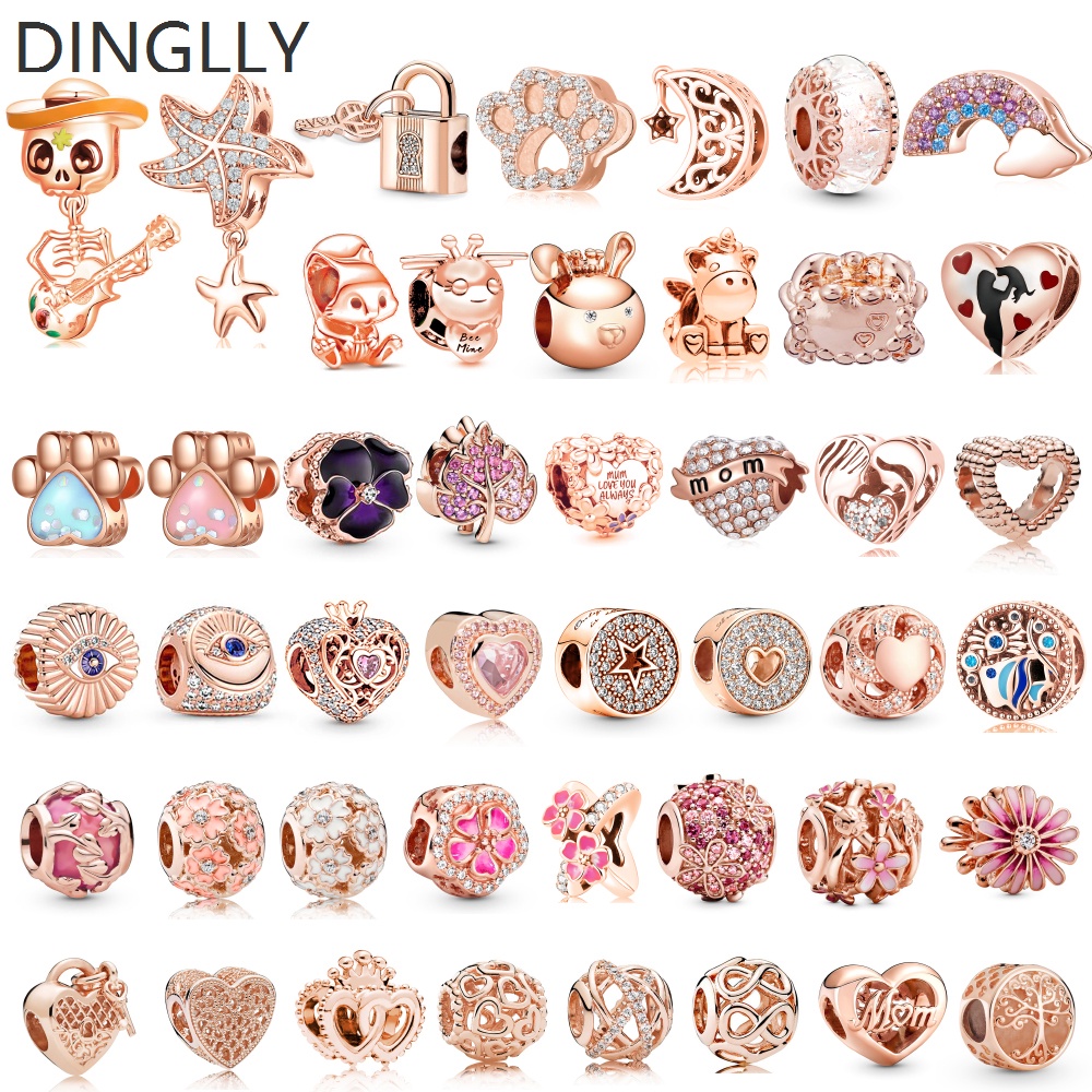 DINGLLY Rose Gold Cartoon Animal Charm Hạt trái tim Hạt ngôi sao & mặt trăng Daisy Flower cườm vừa vặn Phụ kiện trang sức Tự làm
