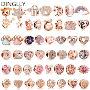 DINGLLY Rose Gold Cartoon Animal Charm Hạt trái tim Hạt ngôi sao & mặt trăng Daisy Flower cườm vừa vặn Phụ kiện trang sức Tự làm