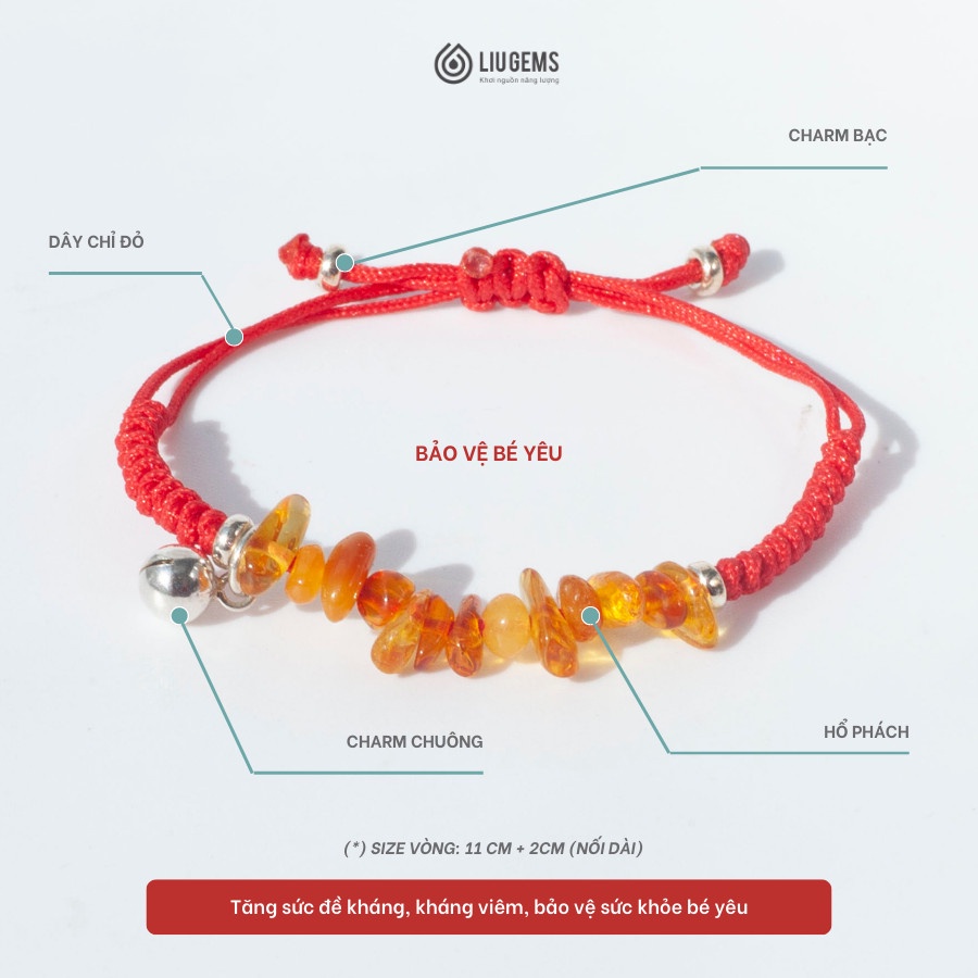 Vòng Tay Chỉ Đỏ May Mắn Cho Bé Liugems Đá Phong Thuỷ Hổ Phách Mix Bạc 925 CD09