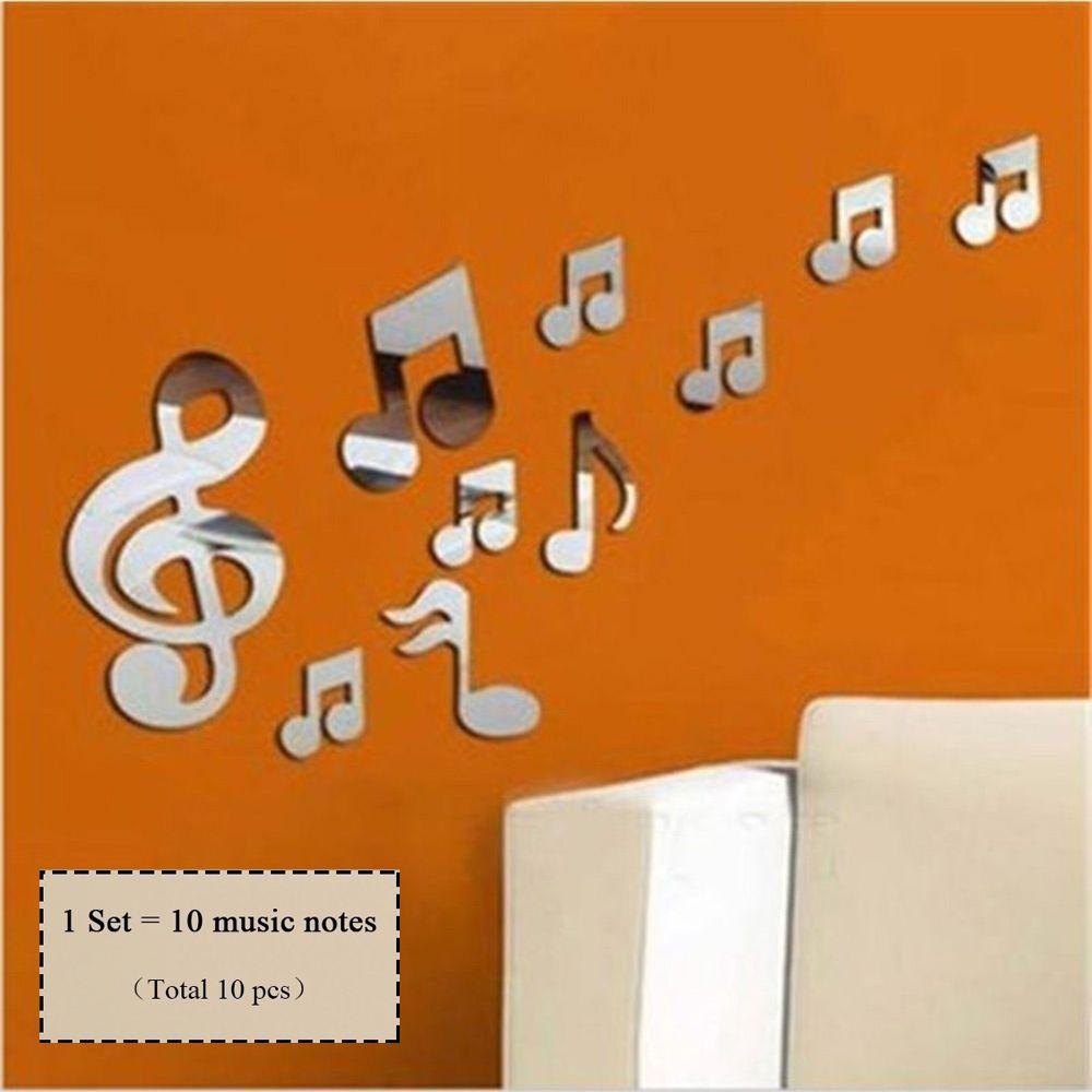 AWNGD 10 cái / bộ Nhãn dán tường gương có thể tháo rời Ghi chú âm nhạc mát mẻ