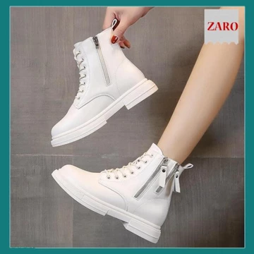 Giày Boots Nữ, Boots Nữ Cổ Thấp 3cm Hai Khóa Hot Hit Siêu Đẹp Hai Màu Đen Kem Minhtushoes Giày Nữ Cao cấp