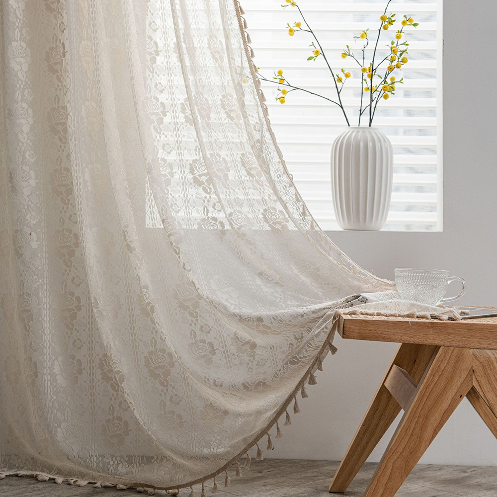 Rèm ren sang trọng Họa tiết hoa hồng Sheer Voile Drapery có tua rua để ...