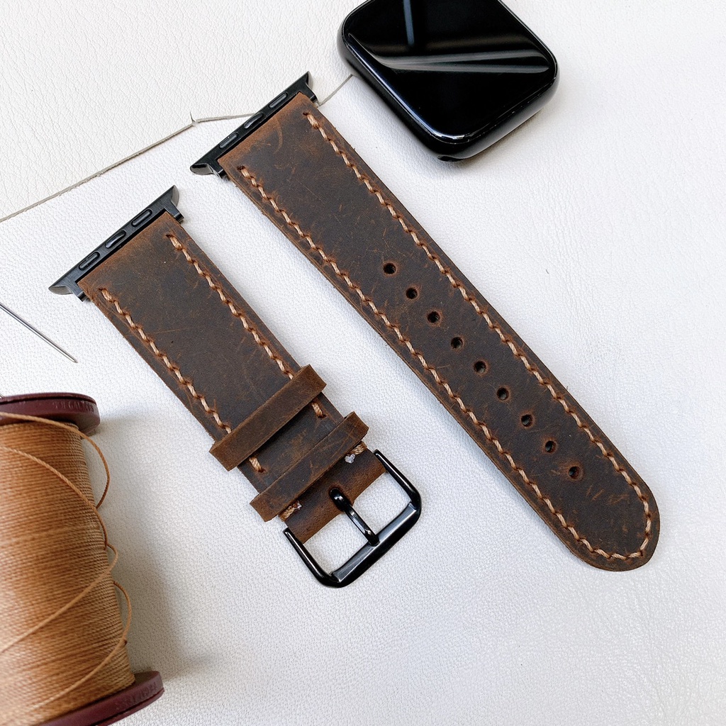 Dây đeo Apple Watch da bò 2 lớp nâu đậm, đủ seri 1,2,3,4,5,6... 38mm,40mm,42mm,44mm