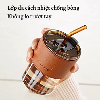 Cốc thuỷ tinh màu hổ phách vỏ da có nắp tặng kèm ống hút, ly uống nước đẹp sang chảnh { H }