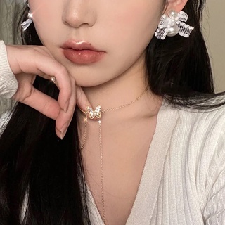 Khuyên Tai Thắt Nơ Ren Đính Ngọc Trai Phong Cách Pháp Đơn Giản Cá Tính Kiểu Mới