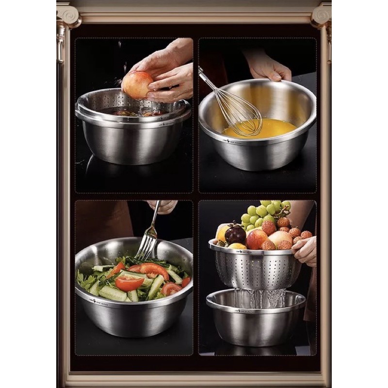 Bộ thau rổ inox 304 loại mờ Cao Cấp đa năng tiện lợi SSGP chậu rổ inox, thau trộn rửa rau, chậu rửa nhiều size -B11