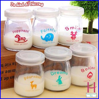 Combo 12 Hũ Thủy Tinh Làm Sữa Chua 100ml Có Nắp In Hình Dễ Thương { H }