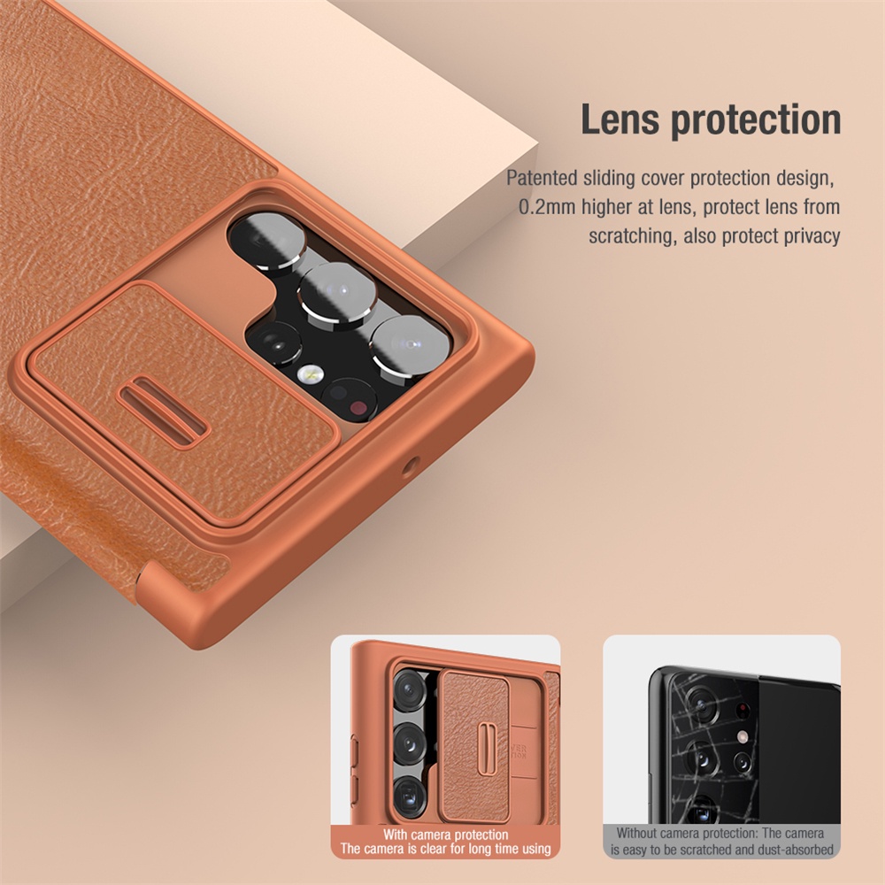 Nillkin Dành Cho Samsung Galaxy S22 Ultra / S22 / S22 + / Plus / S23 Ultra Qin Pro Flip PU Da Trơn Vải Bảo Vệ Ống Kính Máy Ảnh Trượt Vỏ Điện Thoại Vỏ Bảo Vệ