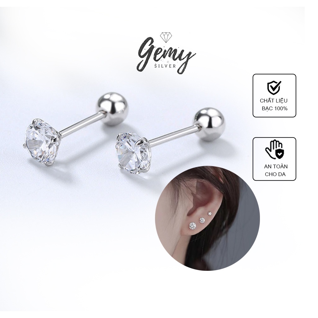 Khuyên tai nam bạc tròn nụ mặt đá bi chốt vặn nhiều size đơn giản, cá tính | GEMY SILVER K190