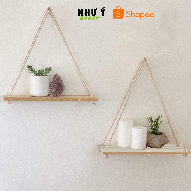 Kệ gỗ treo tường dây thừng trang trí, kệ thanh ngang để đồ tiện dụng, kệ treo tường xinh xắn