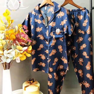 Pijama lụa form lớn tay ngắn quần dài, chất liệu lụa satin cao cấp mềm mại, chất vải mát mịn, co giãn nhẹ