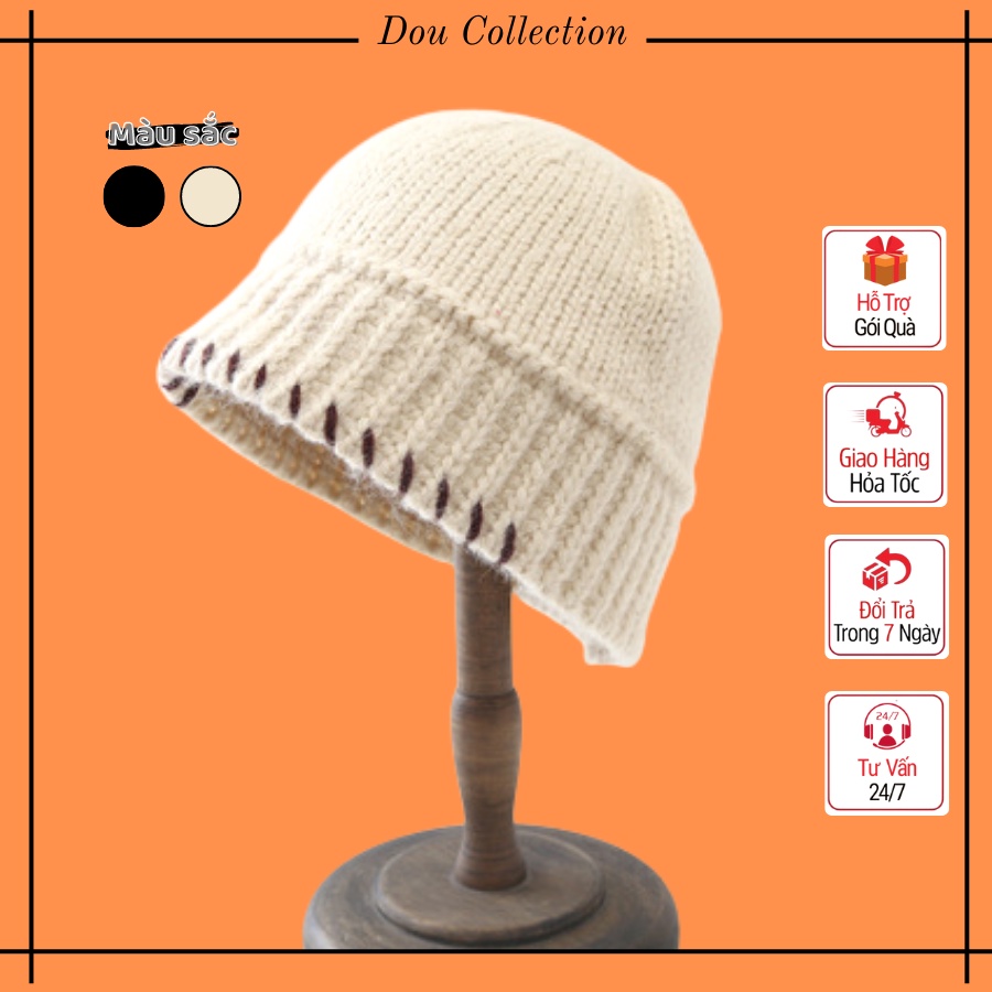 Mũ len nam nữ, Nón len trơn chất dày đan tay phối viền giữ ấm Retro ...