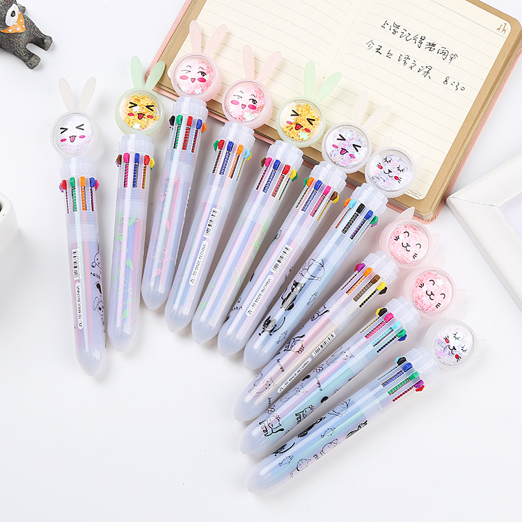 3 Bút Bi Bấm 10 Màu Nhũ Chảy Đầu Hình Mèo Xinh