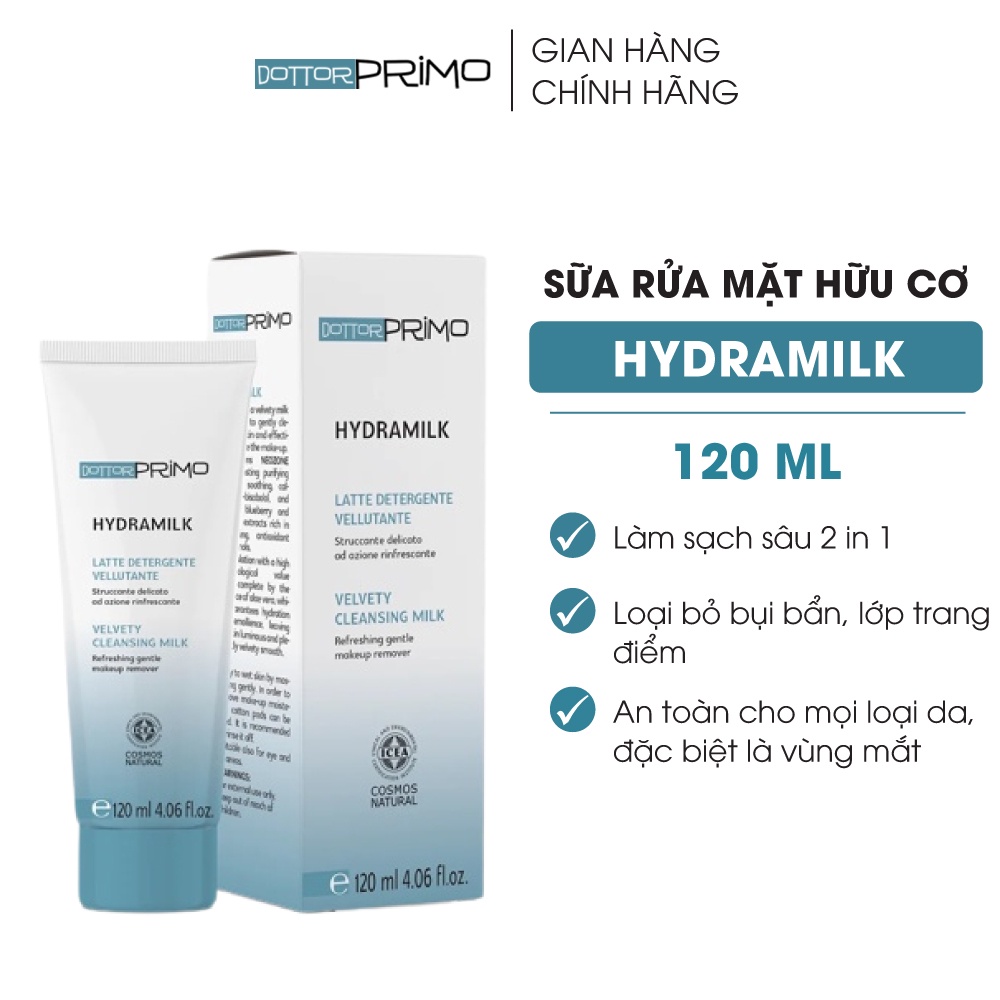 Sữa Rửa Mặt Hữu Cơ Cho Da Nhạy Cảm DottorPrimo Hydramilk - Công Nghệ Làm Sạch Sâu 2 in 1 120ml