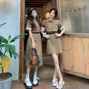 Váy Sơmi Kaki Nâu Cổ Bẻ Tay Phối Trắng Kèm Đai Có Ảnh Thật