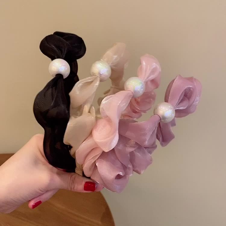 Bờm băng đô đính ngọc trai nhân tạo lụa satin nhún phong cách tiểu thư Hàn Quốc xinh xắn