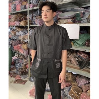 LTụ Thêu TayNgắn Vải ẤnĐộ Cao Cấp Nam# Đồ Lam Nam Đi Chùa