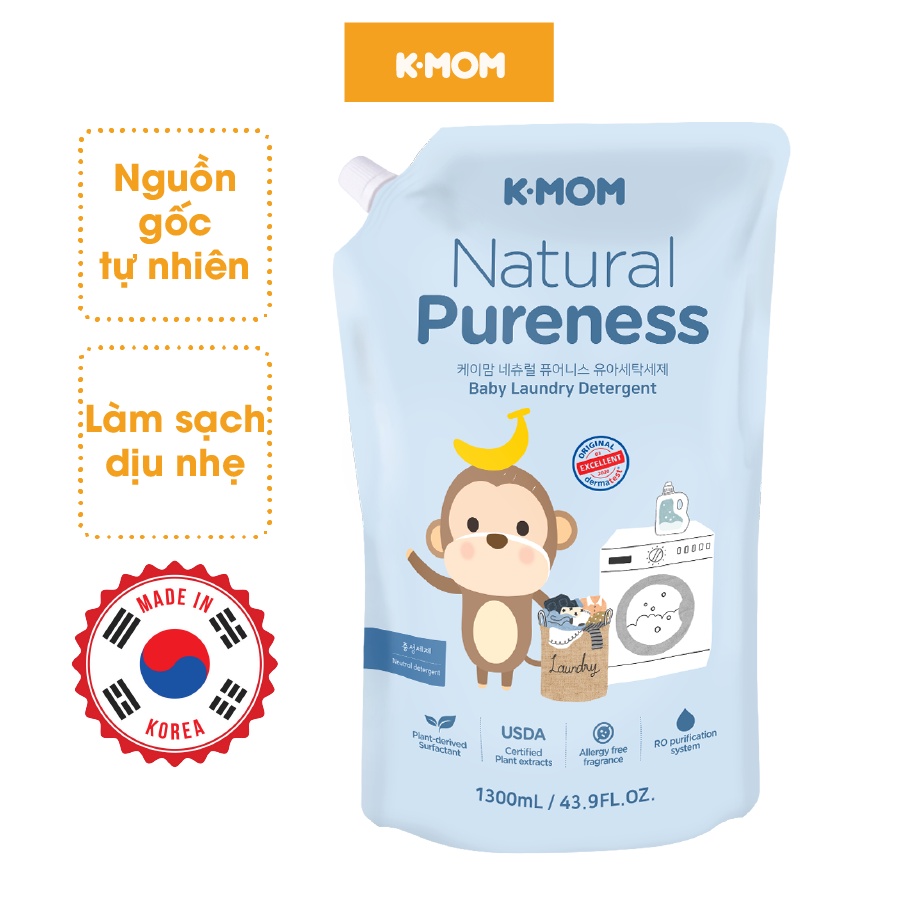 Nước giặt đồ sơ sinh hữu cơ K-Mom Hàn Quốc thành phần tự nhiên dịu nhẹ túi 1300ml