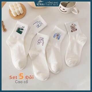 Tất vớ cổ vừa, cao set 5 đôi họa tiết dễ thương chất liệu cotton co giãn 4 chiều - Ekiu Shop