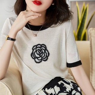2022 Thiết Kế Mùa Hè Áo Thun Nữ Camellia Thêu Băng Lụa Tay Ngắn Rời Tất Cả Trận Đấu Mỏng Hơn Nhìn