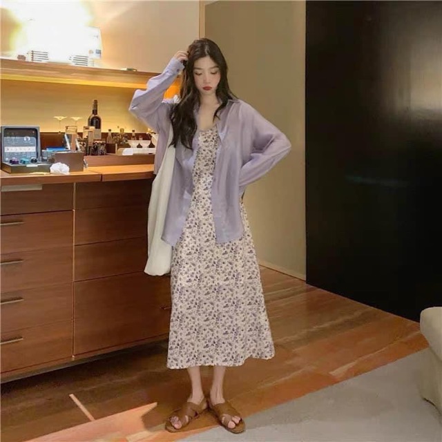 set váy hoa nhí mix áo sơ mi tím