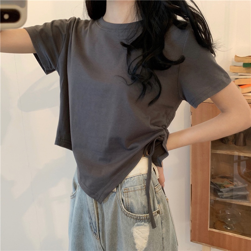 Áo Thun Tay Ngắn Phối Dây Rút Phong Cách Hàn Quốc Thời Trang Mùa Hè Xinh Xắn Cho Nữ