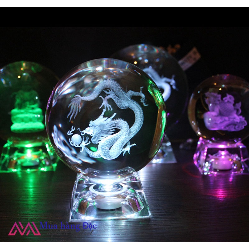 Bộ quà tặng quả cầu pha lê khắc laser 3D led rồng dragon phong thủy ...