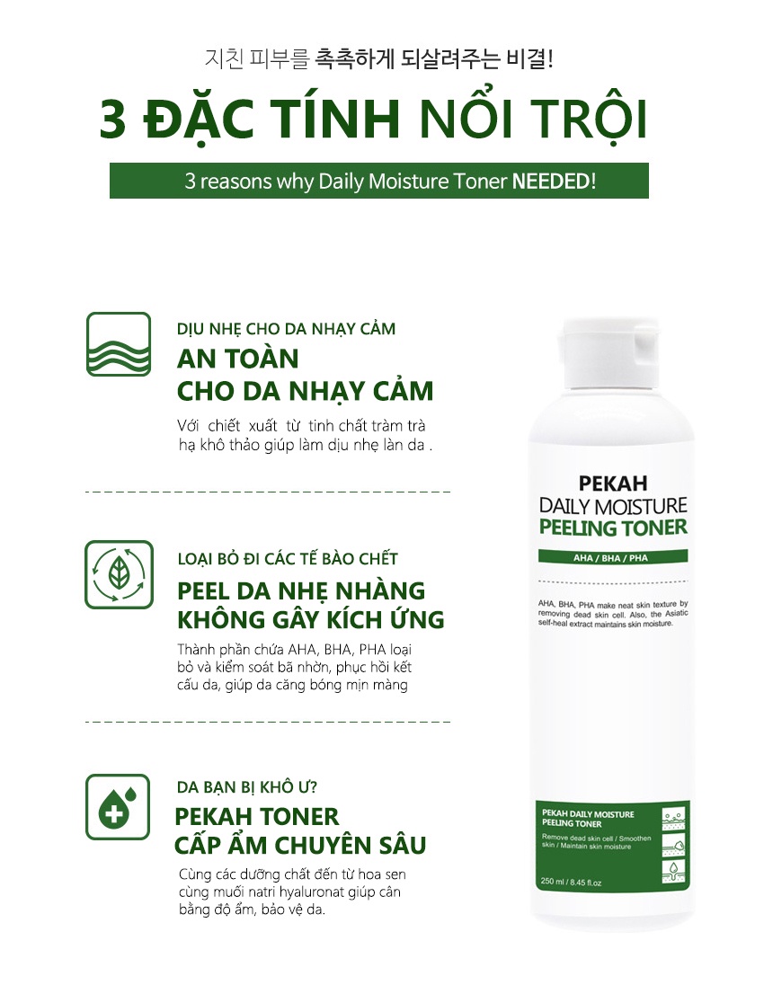 Mô tả Nước hoa hồng PEKAH cải thiện da mụn thu nhỏ lỗ chân lông PEKAH Daily Moisture Peeling Toner 250ml - 1