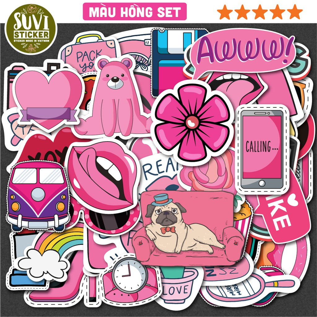 50 Sticker Màu Hồng Pink chống nước sticker dán laptop, điện thoại, đàn ...