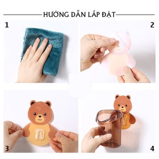 cốc gấu cắm bàn chải kem đánh răng dán tường có lỗ thoát nước
