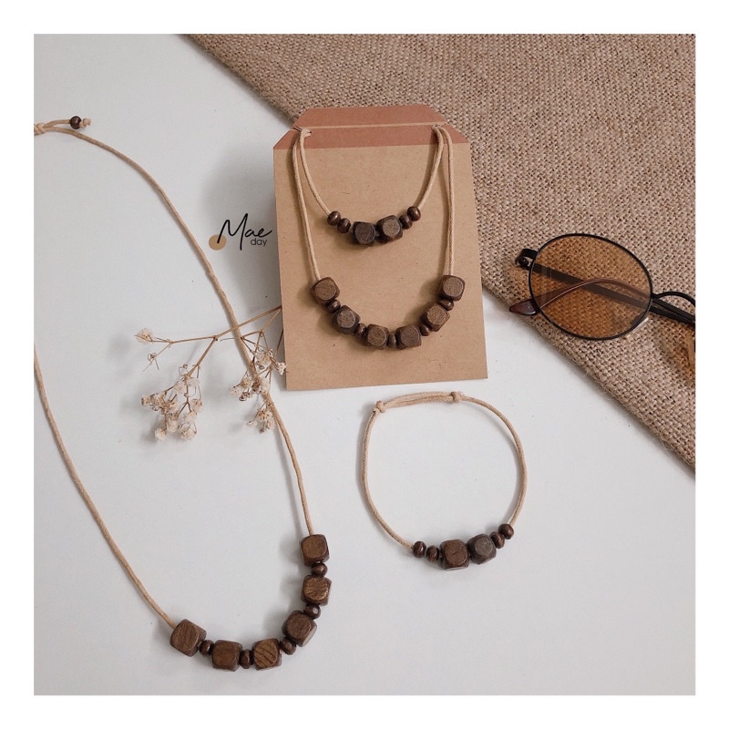 Vòng Heiho - Vòng tay, vòng cổ/ dây chuyền hạt gỗ vuông vintage