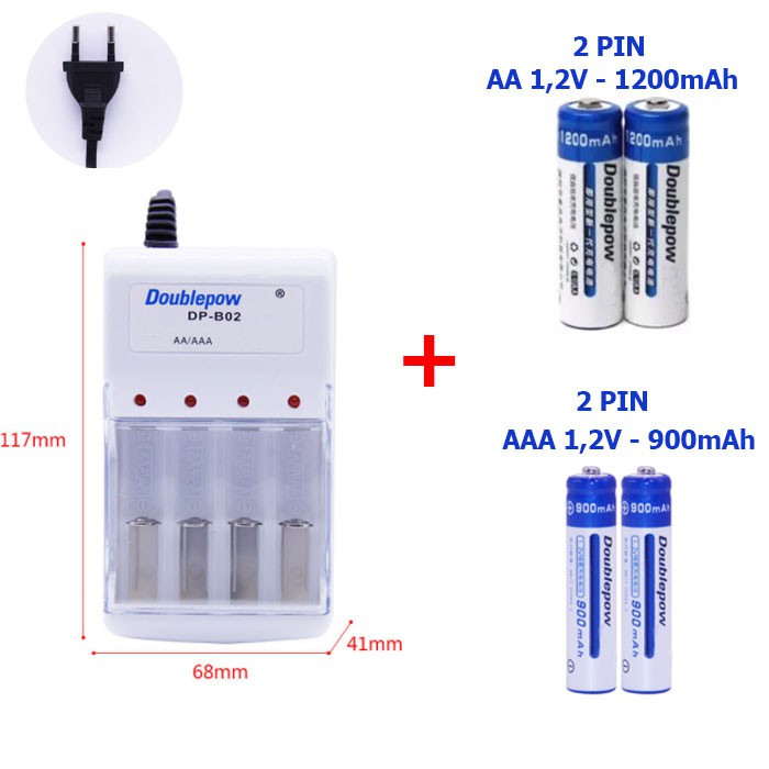 Combo sạc pin 4 cổng Doublepow + 02 viên pin sạc AA 1200mAh + 02 viên ...