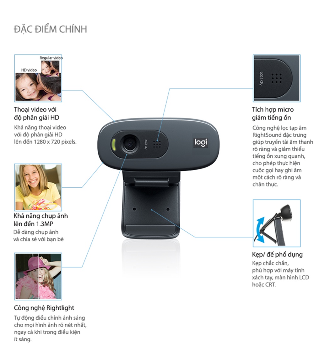Mô tả Webcam Logitech C270 720p HD - Góc cam 55o, mic giảm ồn, tự chỉnh sáng, chụp ảnh 3MB - 2