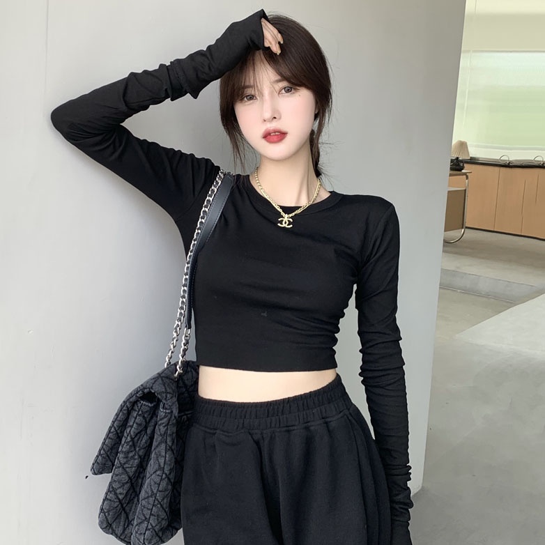 Áo Croptop Tay Dài CỔ TRÒN Nữ Ôm Body Chất Tốt, Áo Thun kiểu nữ crt dài tay  mặc đẹp | Shopee Việt Nam