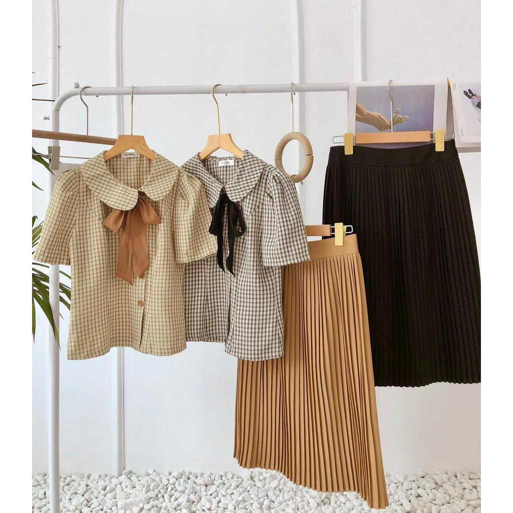 Ảnh Set sơ mi chân váy công sở cổ tròn tay lỡ mix chân váy xếp ly chất liệu kate nhật hiện đại Evalover 3