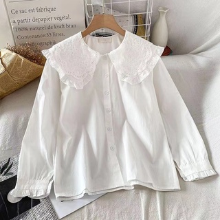 Áo Sơ Mi Nữ Tay Dài Cổ Búp Bê Phối Ren Phong Cách Hàn Quốc baju baju wanita Lenan panjang
