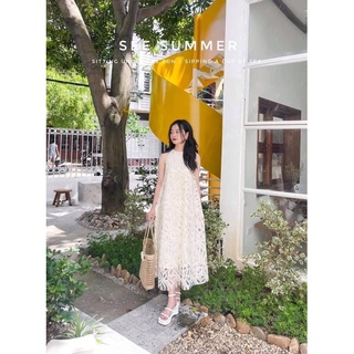 [V1.606] Váy Maxi Cổ Yếm Ren Hoa Nổi Hàng Lớp Siêu Xinh, Đầm Nữ Cổ Yếm Dáng Suông