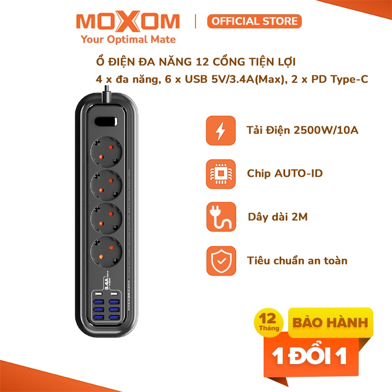 Ổ cắm điện đa năng MOXOM ST05 tải 2500W, 6 USB sạc nhanh 3.4A/17W, 2 PD 17W, 4 lỗ EU đa năng, dây dài 2M