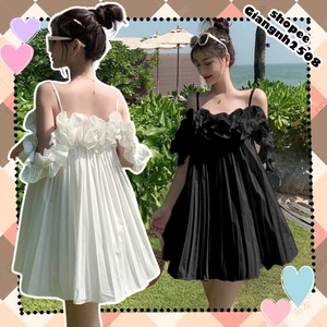 SUV005 Váy 2 dây viền bèo dáng xòe xếp ly Đầm nữ trắn đen 2s đi chơi tiệc sexy babydoll cute tiểu thư bánh bèo công chúa
