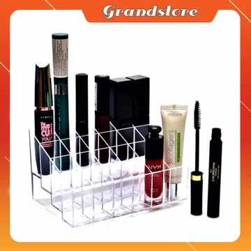 Khay đựng son môi mỹ phẩm cọ trang điểm 24 ô nhựa mica trắng trong suốt đứng để bàn, kệ hộp để son kem mĩ phẩm mini meka