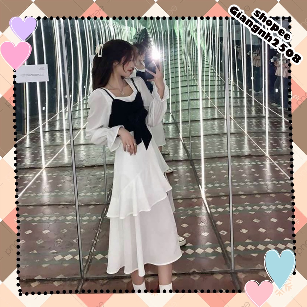 V014 Váy trắng yếm đen nơ ngực vintage công chúa, đầm xòe cổ vuông 2 tầng xẻ chân tay bồng dáng dài retro tiểu thư xinh