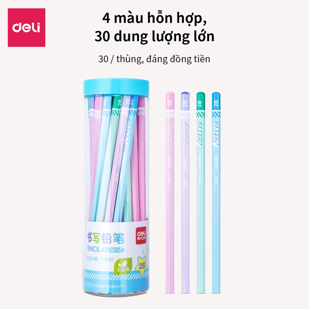 Bút chì lục giác Deli 30 chiếc/hộp loại 2B/HB màu sắc pastel dễ thương, thân gỗ dễ gọt vẽ tranh, viết chữ