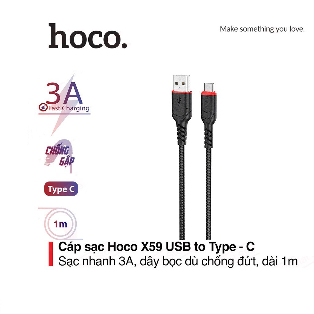 Cáp sạc nhanh 3A Hoco X59 chân Type-C dây Nylon siêu bền hỗ trợ truyền dữ liệu dài 1M cho Android
