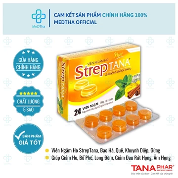 Viên Ngậm Ho Streptana - Kẹo Ngậm Ho, Giảm Ho, Đau Rát Họng, Quế, Gừng, Bạc Hà (Hộp 24 Viên Ngậm)