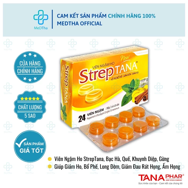 Viên Ngậm Ho Streptana - Kẹo Ngậm Ho, Giảm Ho, Đau Rát Họng, Quế, Gừng, Bạc Hà (Hộp 24 Viên Ngậm)